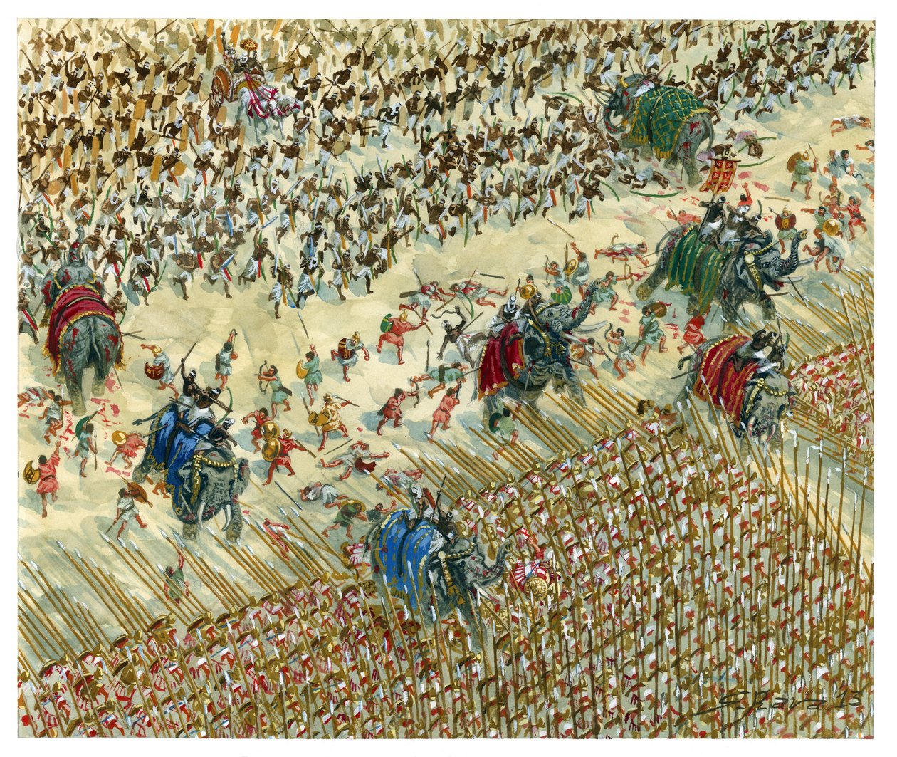 Slaget vid Hydaspes Alexander och Porus strider 327 f.Kr. - Alexander den store fortsätter sin erövring mot Indusdalen - Alexander den store mot kung Porus under slaget vid Hydaspes - Illustration av Giuseppe Rava av Giuseppe Rava