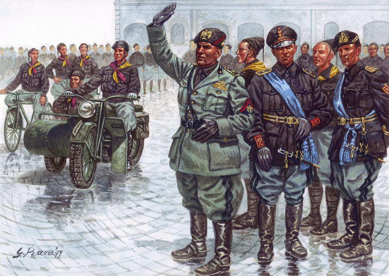 Duce Benito Mussolini (1883-1945), tillsammans med sina svartskjortor (Camicie nere), gör den fascistiska hälsningen under en militärparad - Benito Mussolini och svartskjortorna under en militärparad - Illustration av Giuseppe Rava av Giuseppe Rava
