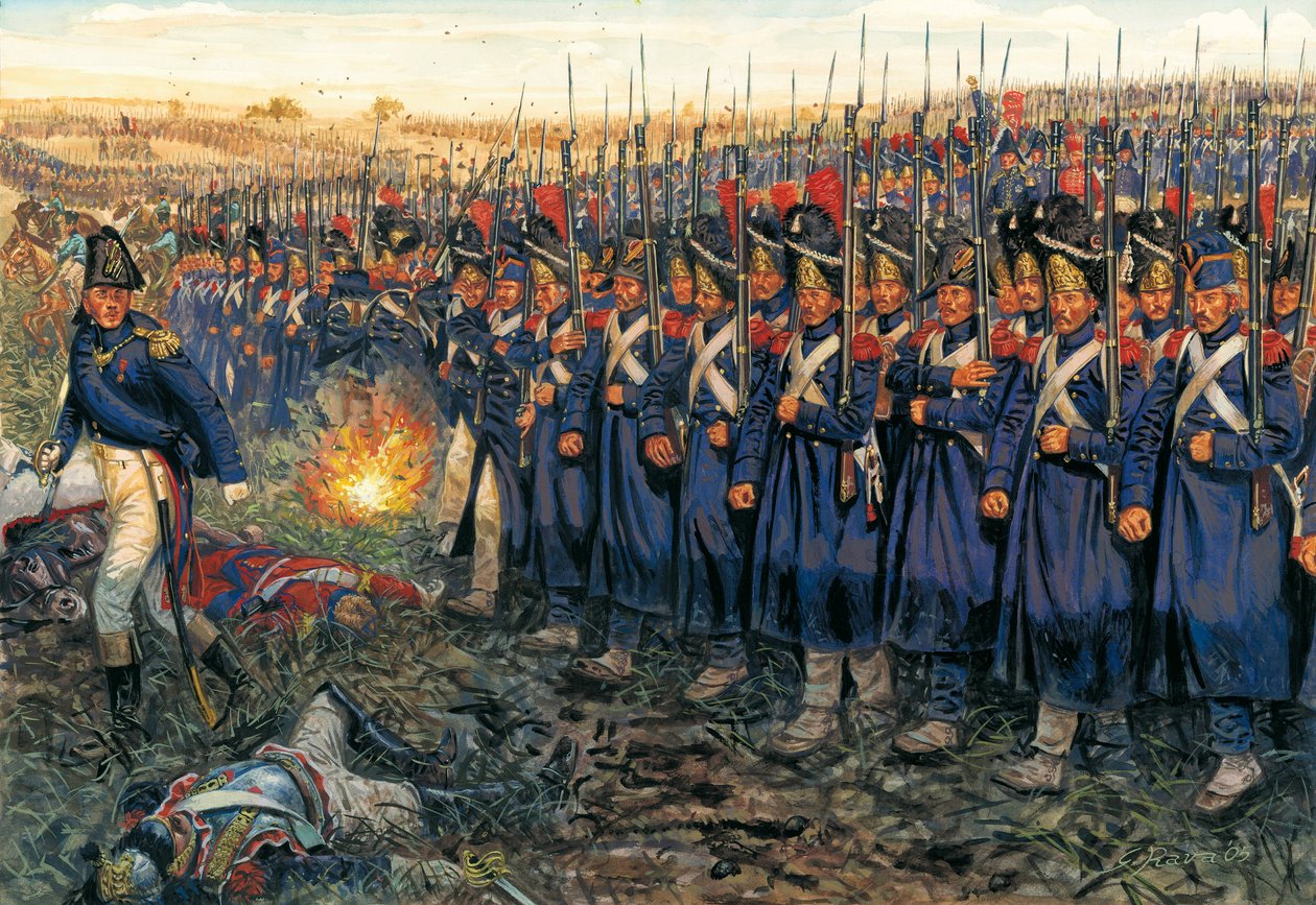 Det mellersta gardets attack mot Wellingtons center vid slaget vid Waterloo den 18 juni 1815 "Napoleon I:s (1769-1821) kejserliga garde marscherar mot hertigen av Wellingtons trupper vid slaget vid Waterloo av Giuseppe Rava