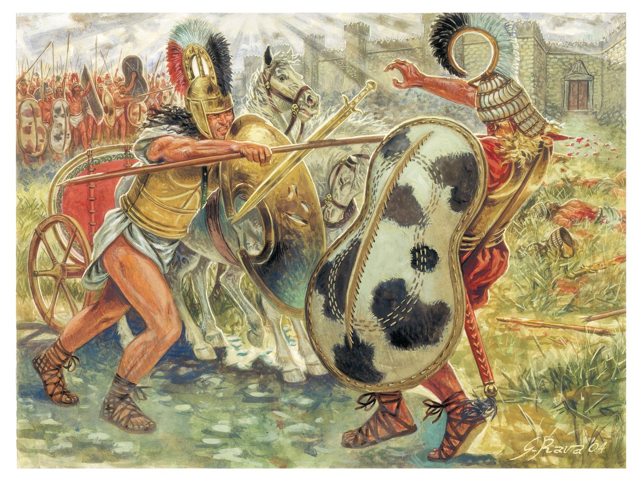Trojanska kriget: Akilles kämpar mot Hektor för att hämnas Patroklos död - Trojanska kriget: Akilles kämpar mot Hektor för att hämnas Patroklos död - Illustration av Giuseppe Rava av Giuseppe Rava