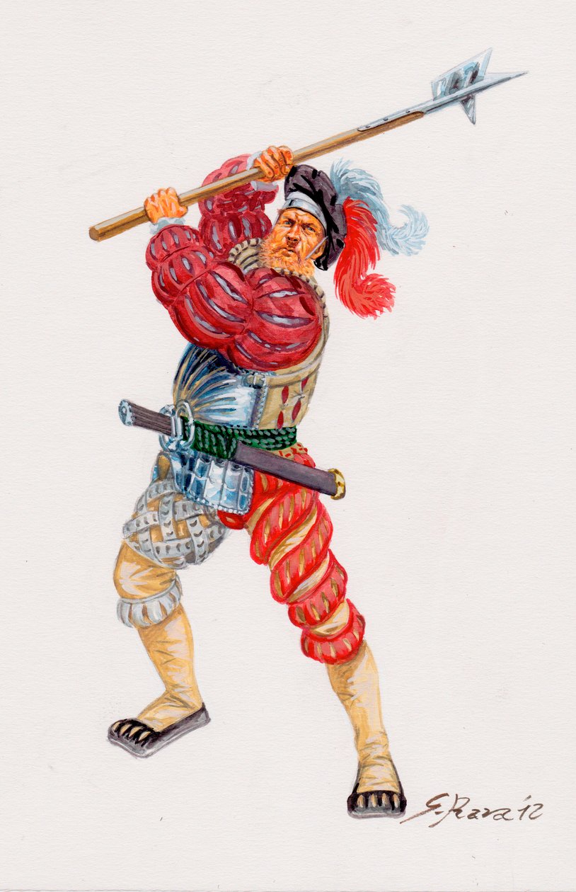 Un Lansquenet, tysk legosoldat - en Landsknecht tysk legosoldat - Illustration av Giuseppe Rava av Giuseppe Rava