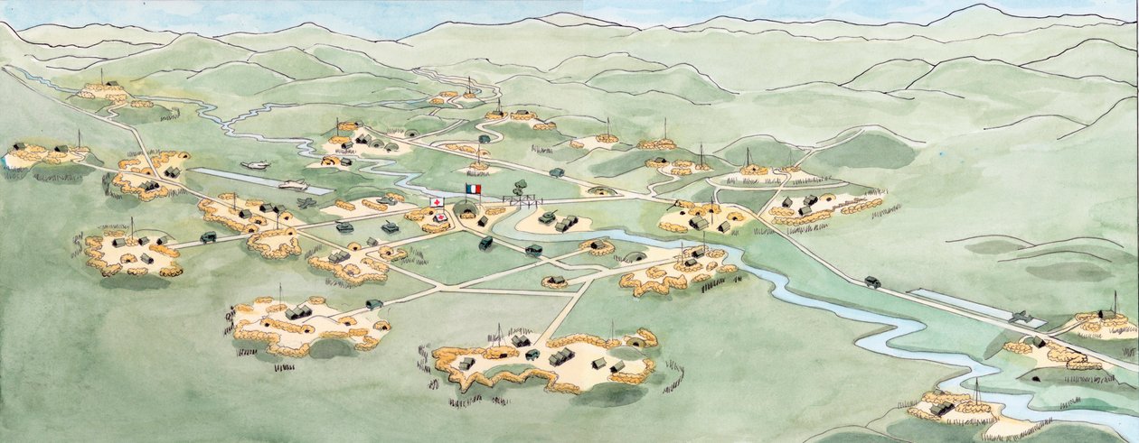 Kriget i Indokina: Plan över slaget vid Dien Bien Phu (Dien-Bien-Phu) mellan den franska armén och den vietnamesiska från november 1953 till maj 1954 - Första Indokinakriget: karta över slaget vid Dien Bien Phu mellan den franska unionens franska expeditio av Giuseppe Rava