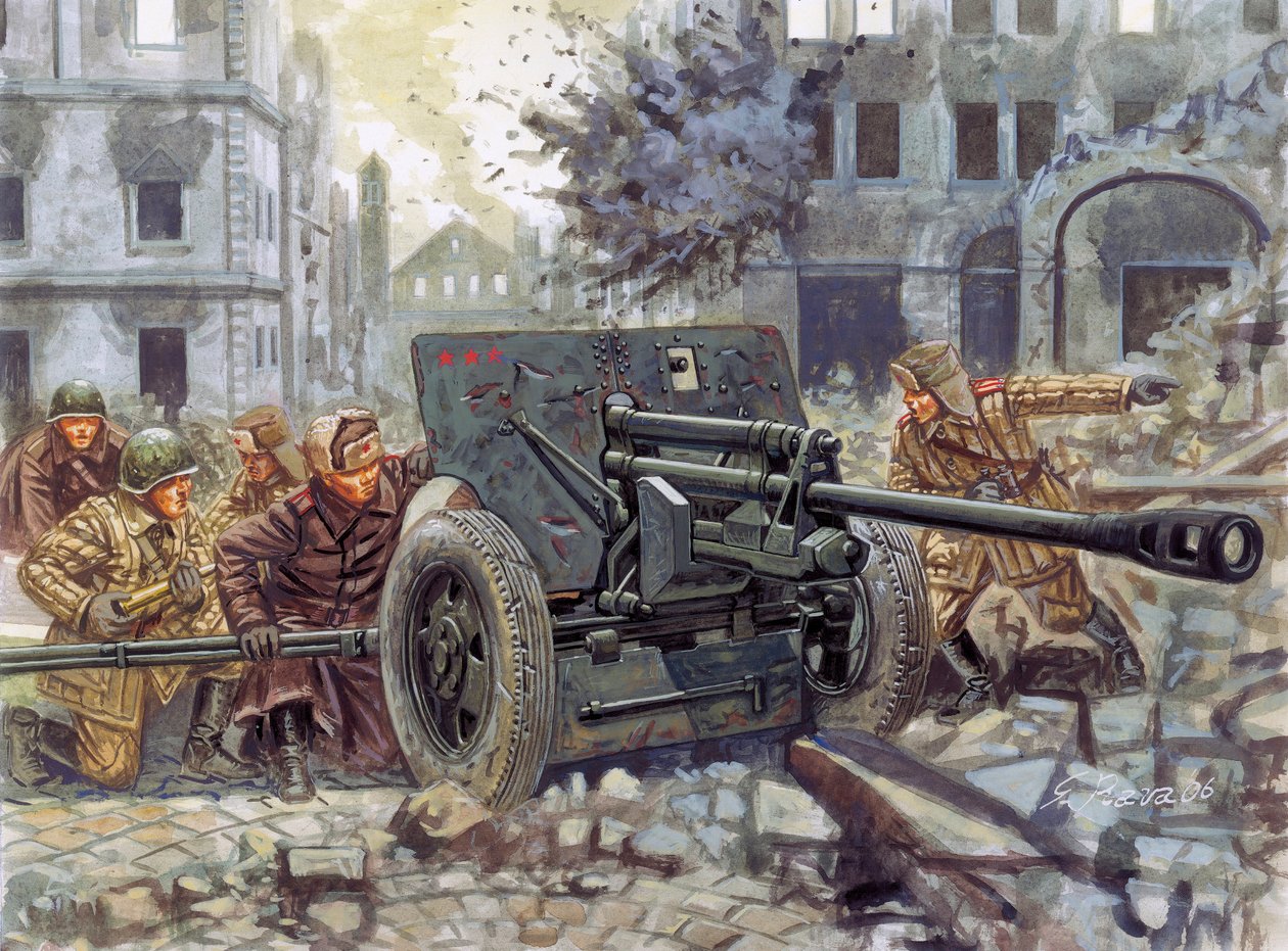 Andra världskriget: Rysk tung pansarvärnskanon 76 mm - Andra världskriget: rysk pansarvärnskanon - Illustration av Giuseppe Rava av Giuseppe Rava