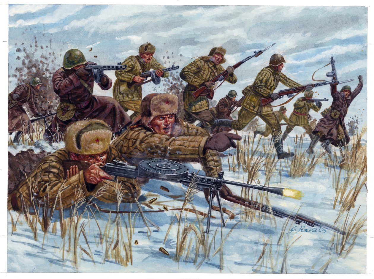 Andra världskriget: Ryska infanterisoldater avancerar på slagfältet - Andra världskriget: ryska infanterisoldater avancerar på slagfältet - Illustration av Giuseppe Rava av Giuseppe Rava