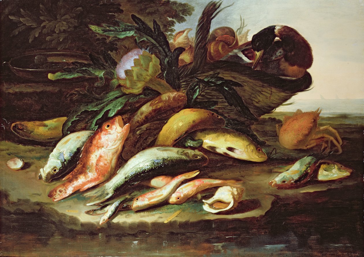 Stilleben med döda fiskar och vilt (olja på duk) av Giuseppe Recco