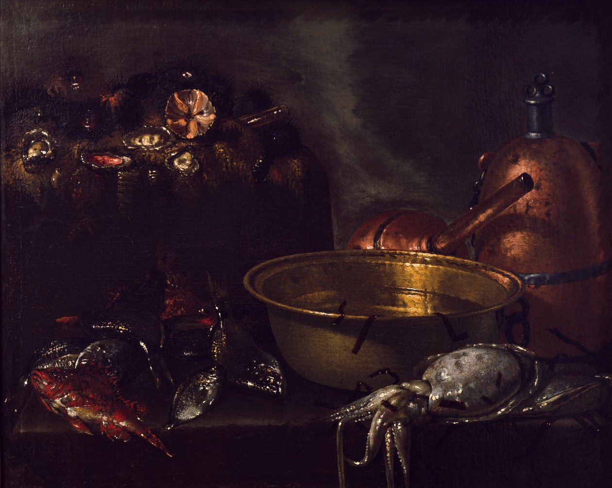 Stilleben med fisk (olja på duk) av Giuseppe Recco