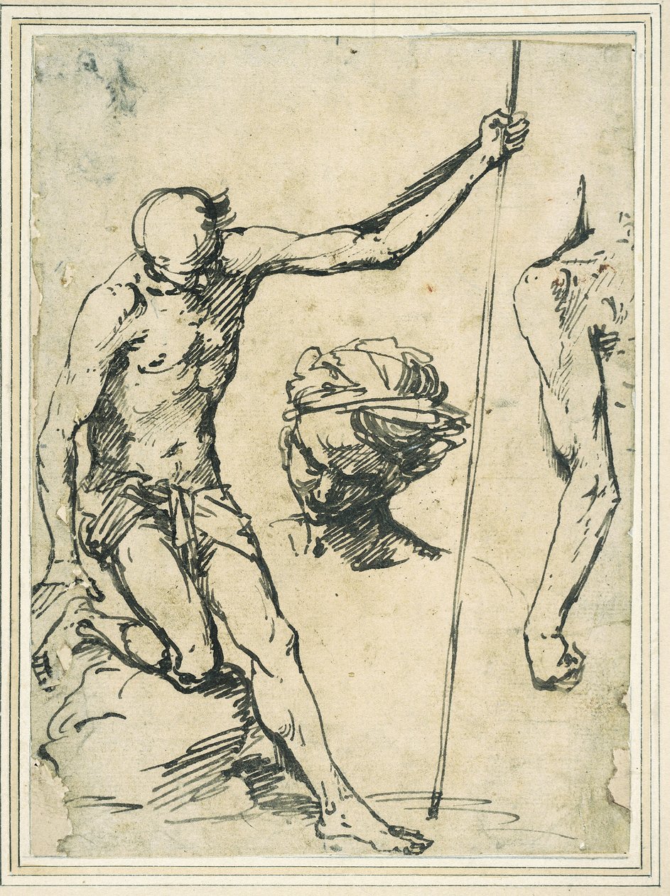 Figurstudier: man som håller i en stång, huvudet på en man med turban och en vänster arm sedd bakifrån av Giuseppe Ribera
