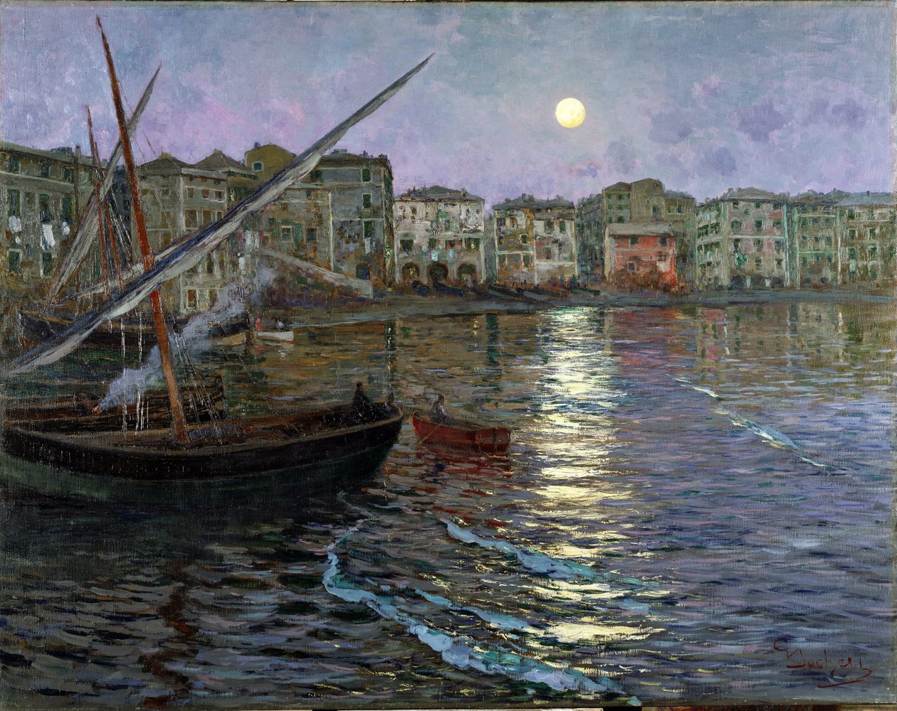 Poesia Lunare Port in the Moonlight (Utsikt över en hamn i månsken) (olja på duk) av Giuseppe Sacheri