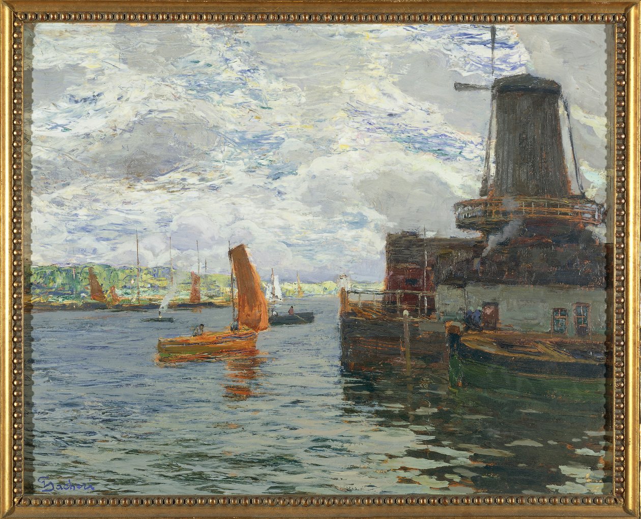 Väderkvarn i Dordrecht (olja på kort) av Giuseppe Sacheri