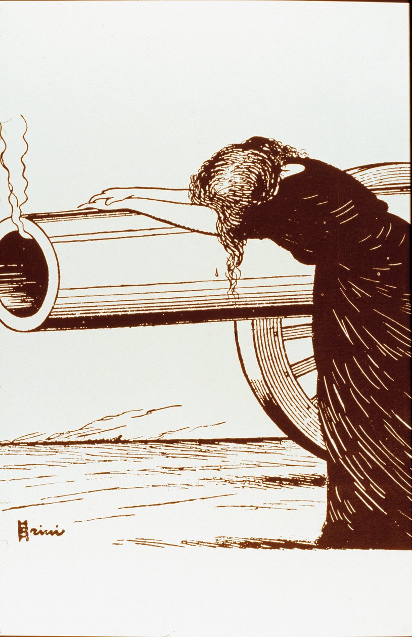 Första världskriget: en krigsallegori, en kvinna, förmodligen änka, i förtvivlan, förlitar sig på en kanon som fortfarande ryker. Affisch av Giuseppe Scalarini (1873-1948) 1914 Privat samling Observera! Användningen av detta verk kan vara föremål för en be av Giuseppe Scalarini