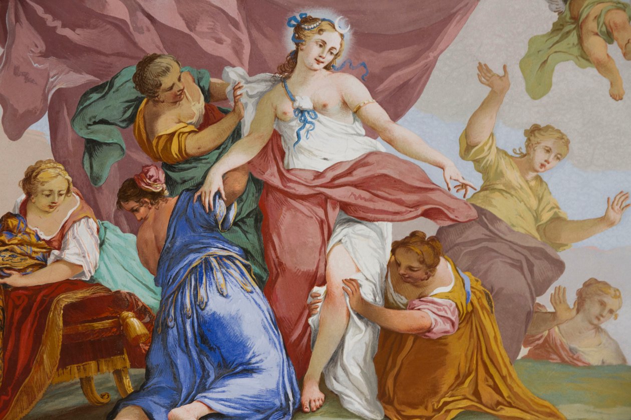 Representationer av myten om Diana, av Domenico och Giuseppe Valeriani, fresk, välvt tak i sovrummet, kungens lägenhet, jaktresidens, av Filippo Juvarra (1678-1736), Stupinigi, Piemonte, Italien av Giuseppe and Valeriani Domenico Valeriani