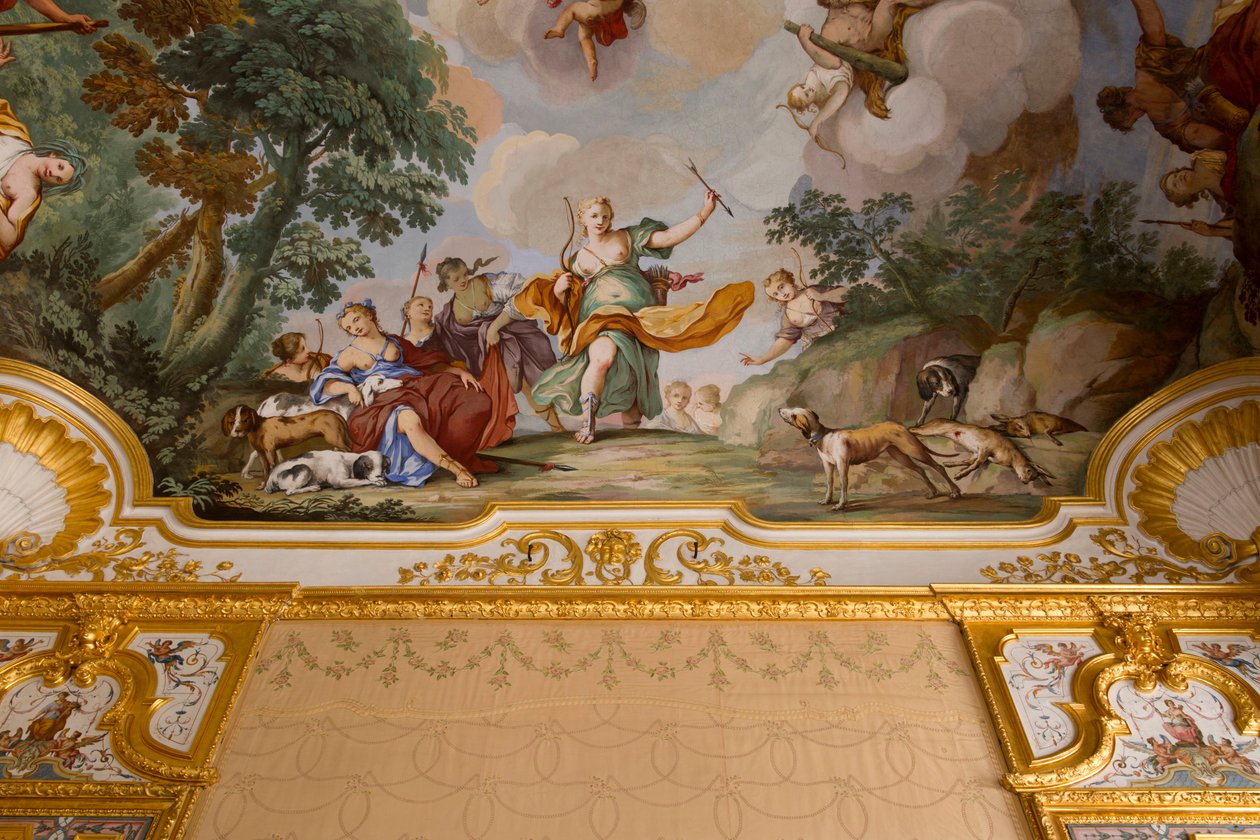 Representationer av myten om Diana, av Domenico och Giuseppe Valeriani, fresk, välvt tak i sovrummet, kungens lägenhet, jaktresidens, av Filippo Juvarra (1678-1736), Stupinigi, Piemonte, Italien av Giuseppe and Valeriani Domenico Valeriani