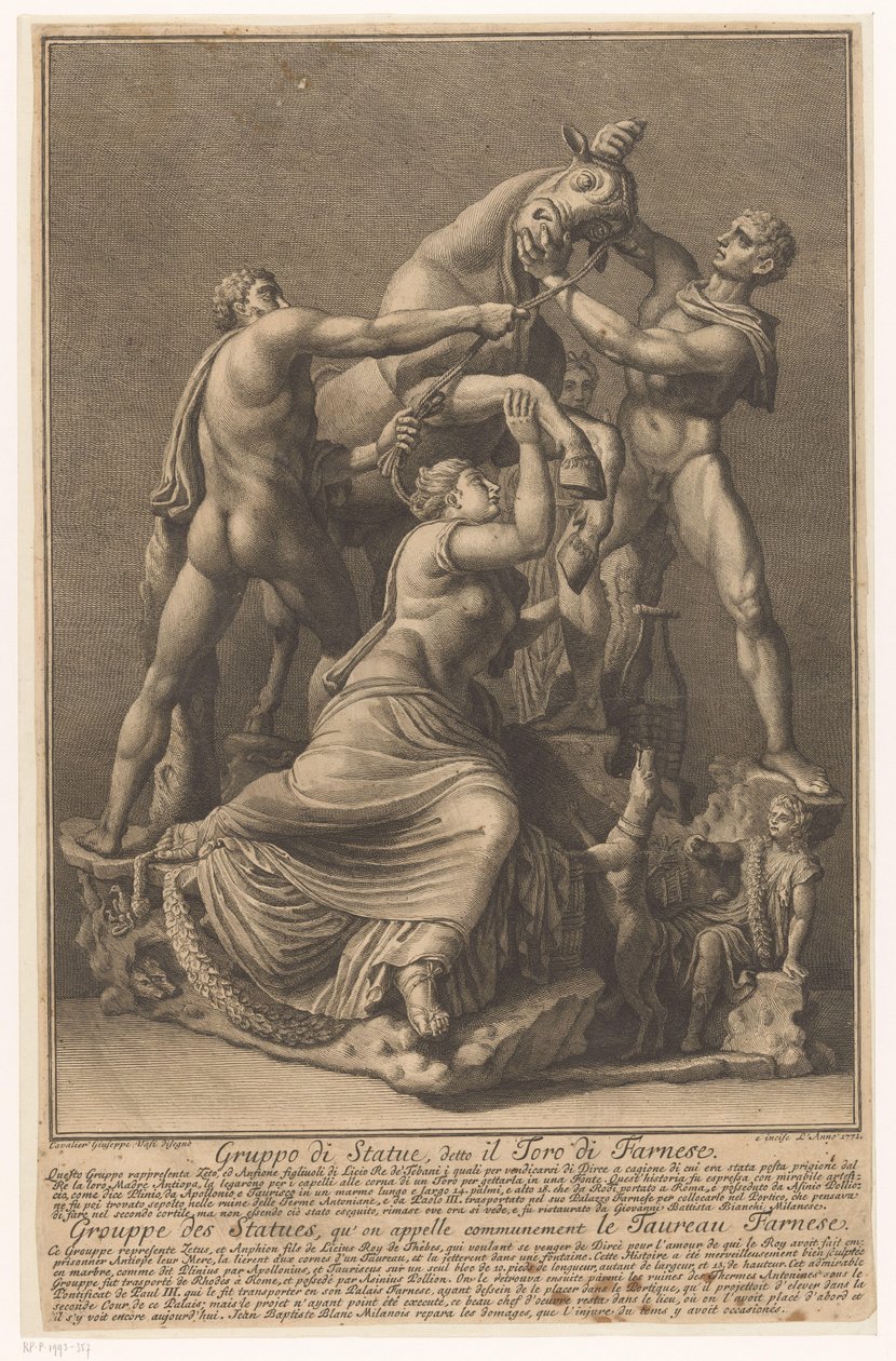 Dirce är till en stier bunden Farnese Stier Grupp av statyer, känd som Farnese Bull / Grouppe des Statues, qu