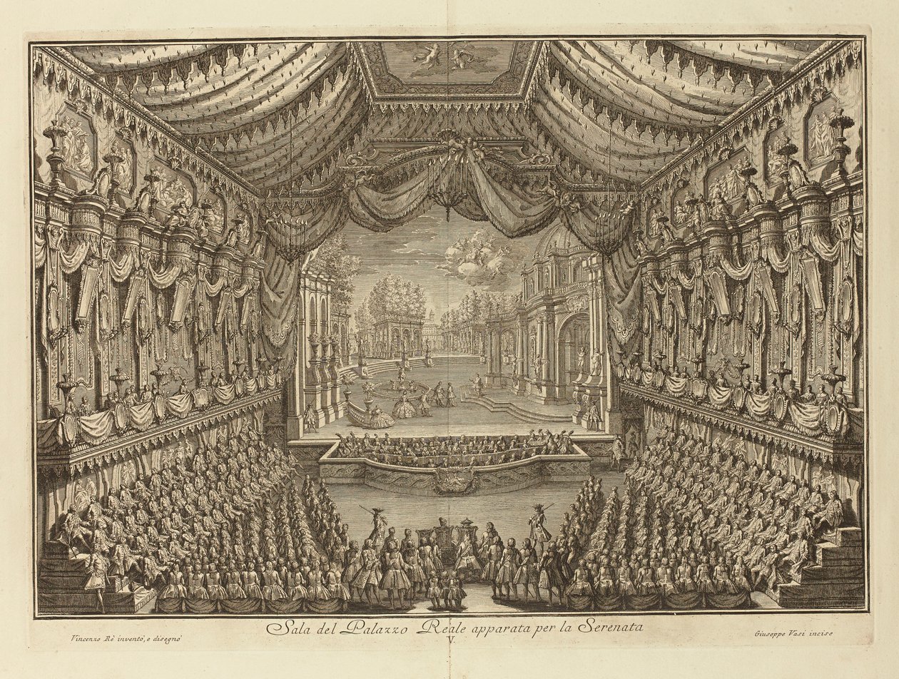 Föreställningen av La Serenata i det kungliga palatset i Neapel par Vasi, Giuseppe (1710-1782). Koppargravyr, storlek: 41,5x62 av Giuseppe Vasi