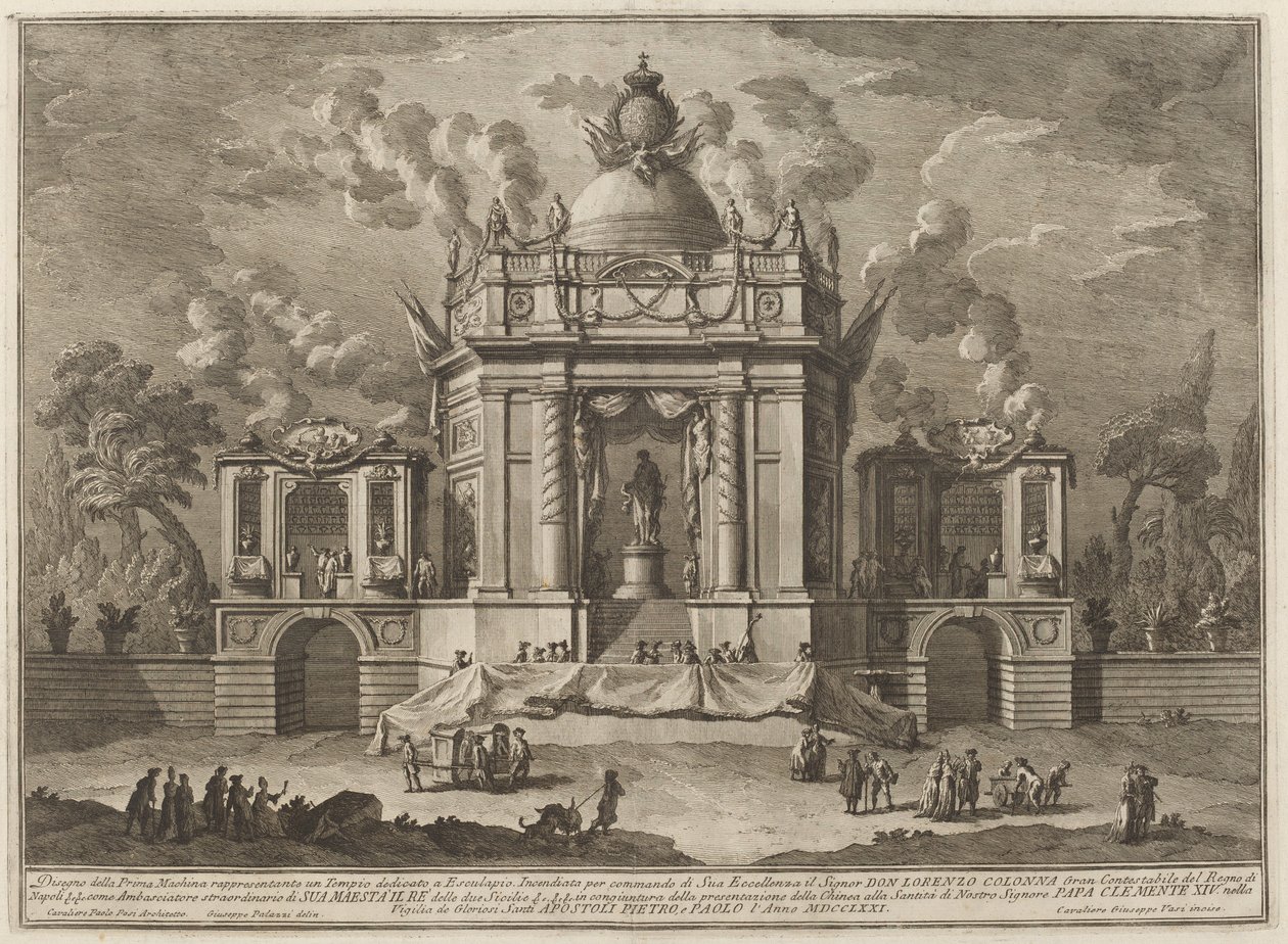 Ett tempel tillägnat Aesculapius, för "Chinea"-festivalen av Giuseppe Vasi after Giuseppe Palazzi