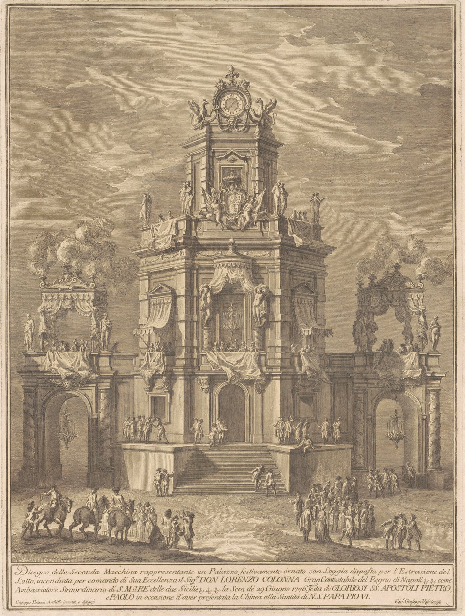 Seconda Macchina för Chinea 1776: Ett palats med en loggia för lotteridragningen av Giuseppe Vasi, after Giuseppe Palazzi