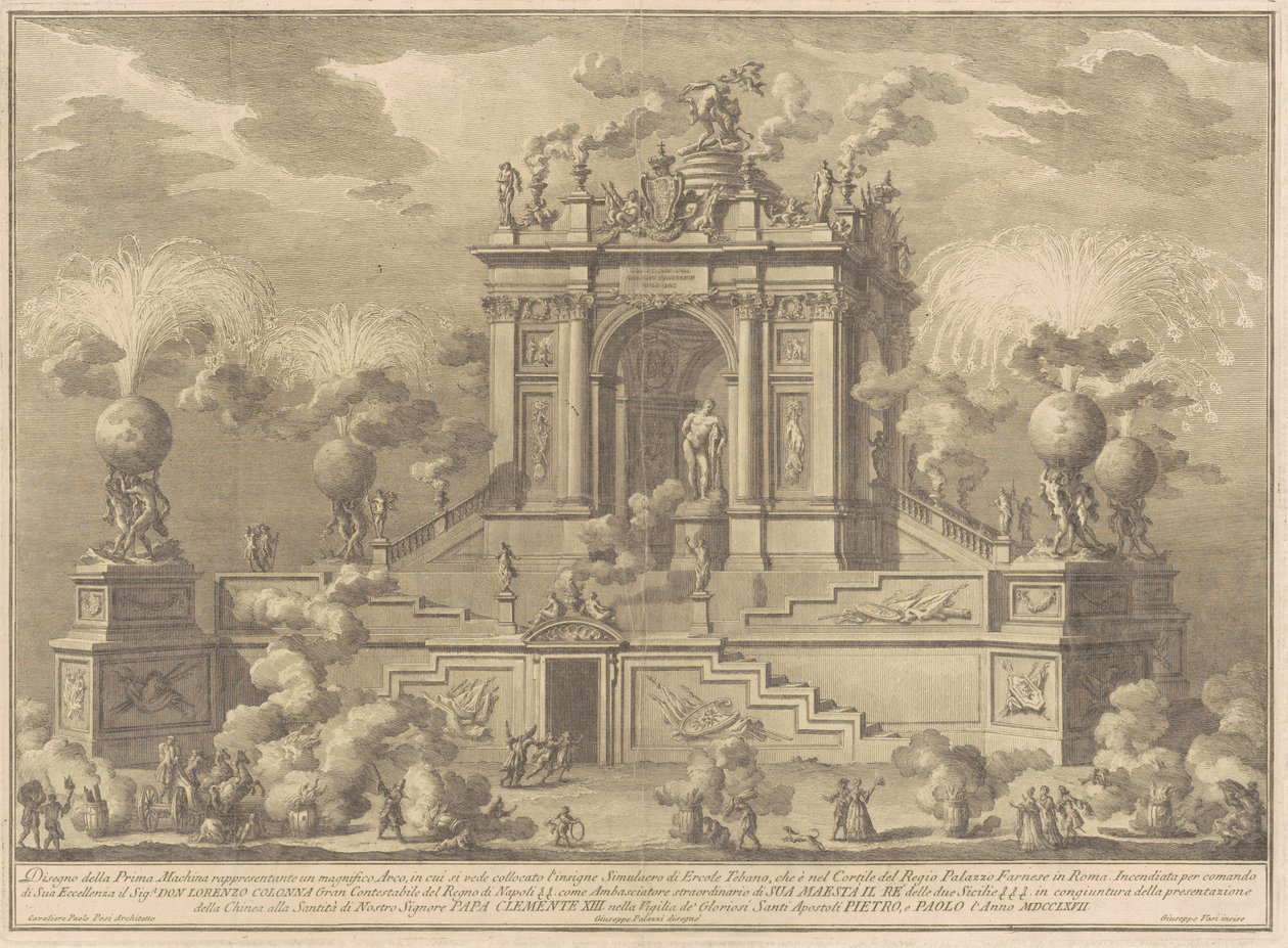 Prima Macchina för Kina 1767: En triumfbåge med Farnese Hercules av Giuseppe Vasi, after Giuseppe Palazzi, after Paolo Posi
