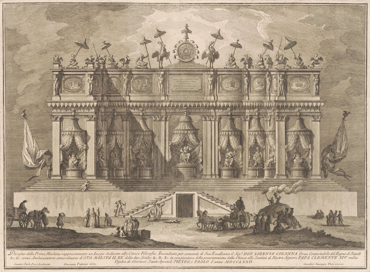 Prima Macchina för Kina 1772: En byggnad tillägnad kinesisk filosofi av Giuseppe Vasi, after Giuseppe Palazzi, after Paolo Posi