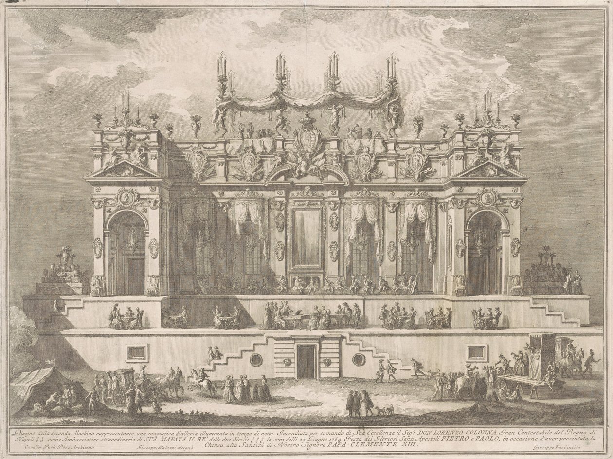 Seconda Macchina för Kina 1764: Ett magnifikt galleri upplyst på natten av Giuseppe Vasi, after Giuseppe Palazzi, after Paolo Posi