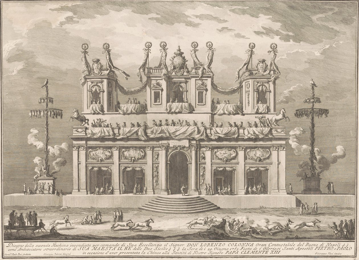 Seconda Macchina för Kina 1765: En dekorerad byggnad med Cockaigne-stolpar av Giuseppe Vasi, after Giuseppe Palazzi, after Paolo Posi
