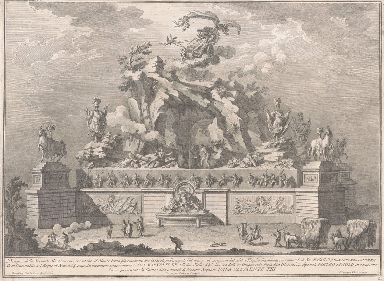 Seconda Macchina för Kina 1767: Etna med Vulcans smedja av Giuseppe Vasi, after Giuseppe Palazzi, after Paolo Posi