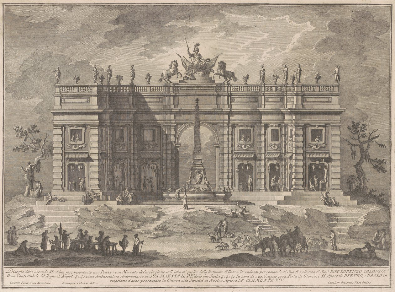 Seconda Macchina för Chinea 1772: A Square with a Game Market and the Pantheon Fountain av Giuseppe Vasi, after Giuseppe Palazzi, after Paolo Posi