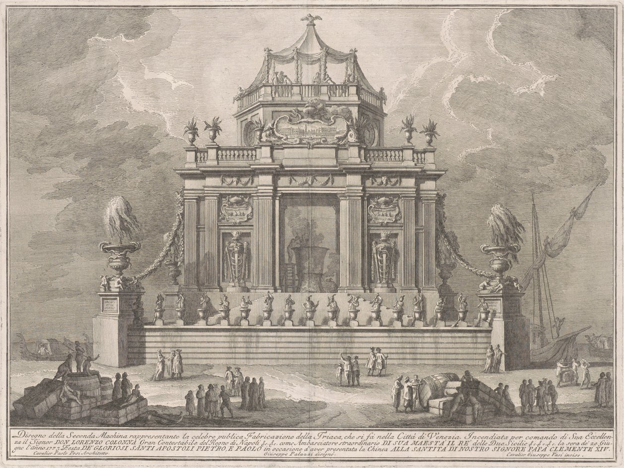 Seconda Macchina för Kina 1773: Theriacs förberedelse i Venedig av Giuseppe Vasi, after Giuseppe Palazzi, after Paolo Posi