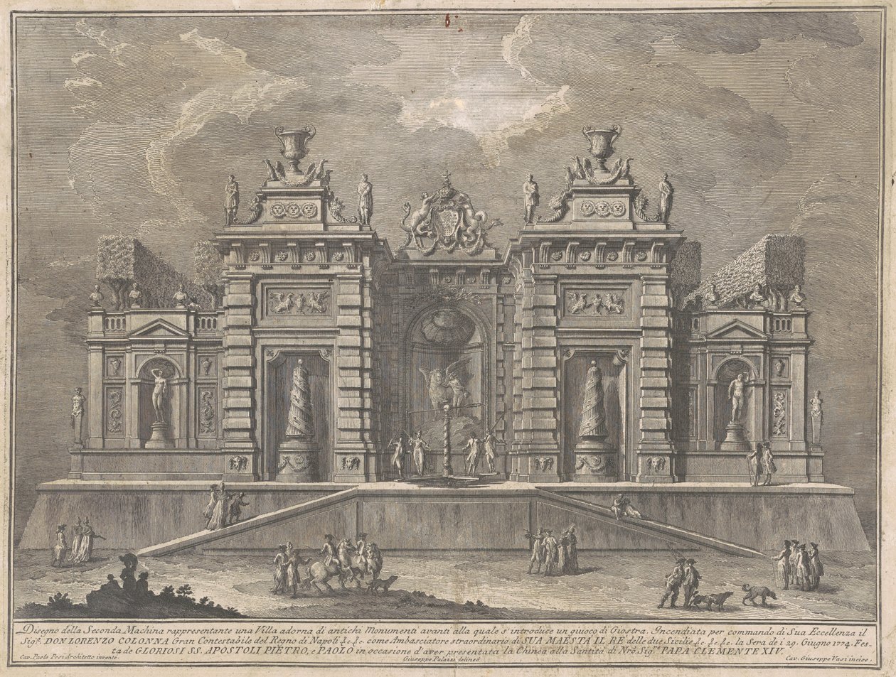 Seconda Macchina för Chinea 1774: En villa med antika monument och ett spel om "Giostra" av Giuseppe Vasi, after Giuseppe Palazzi, after Paolo Posi