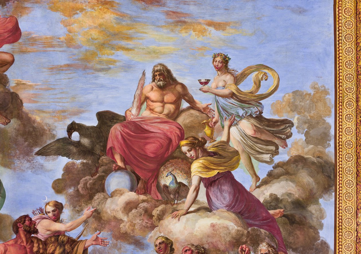 Detalj som representerar Artemis och Jupiter med örnen, från Herkules apoteos av Giuseppe Velasco
