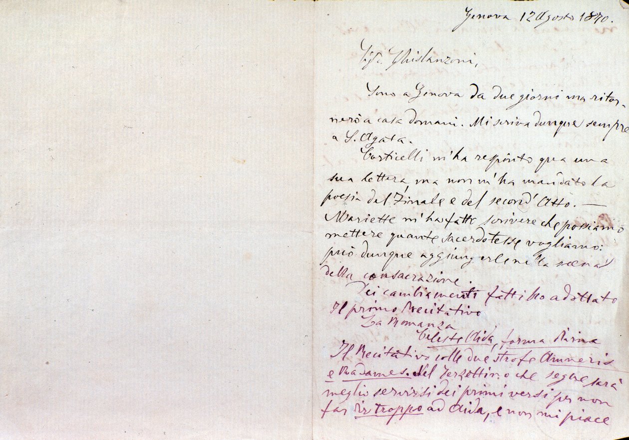 Handskrivet brev från Giuseppe Verdi till Aida librettos författare Antonio Ghislanzoni av Giuseppe Verdi
