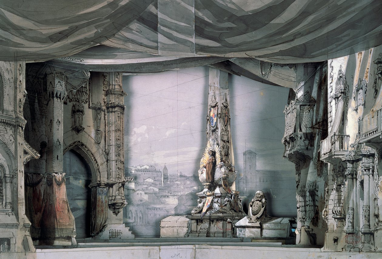 Torg framför katedralen i Valladolid, akt III, scen IV, scenografi av Charles Campon för Don Carlos av Giuseppe Verdi (1813-1901), föreställning i Paris, operahuset Salle Le Peletier, 11 mars av Giuseppe Verdi