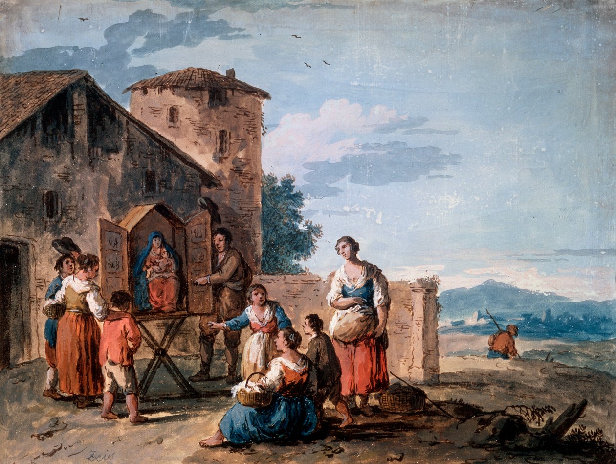 En grupp bönder framför tabernaklet med den stående Madonnastatyn, c1750. av Giuseppe Zais