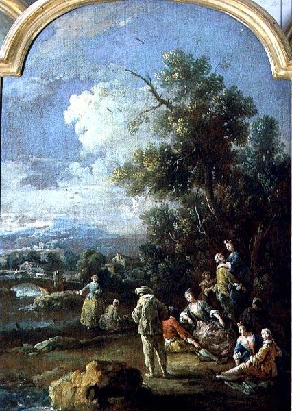 Pierrot och par (olja på duk) av Giuseppe Zais