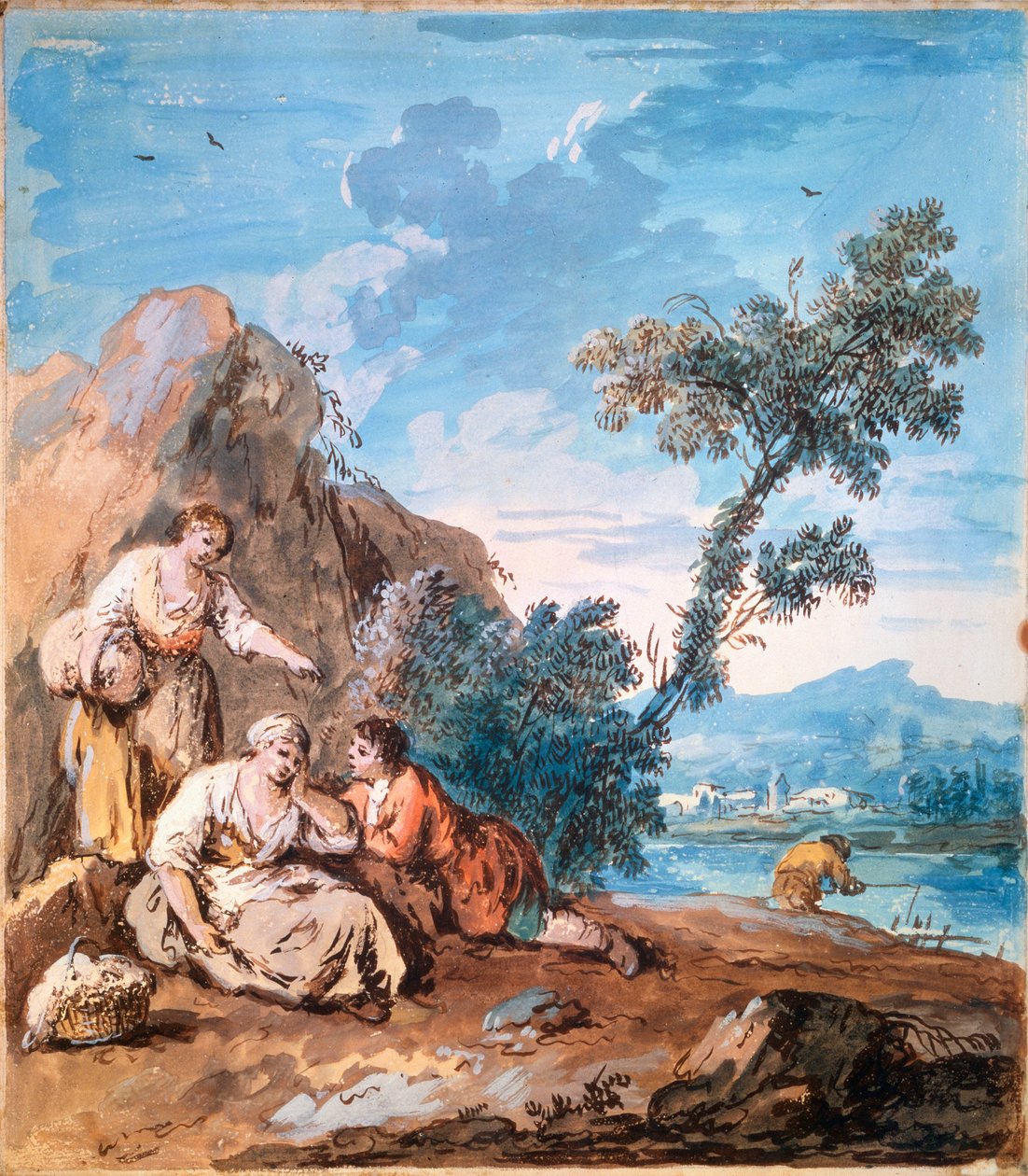 Tre bönder vilande på en flodstrand, c1750. av Giuseppe Zais