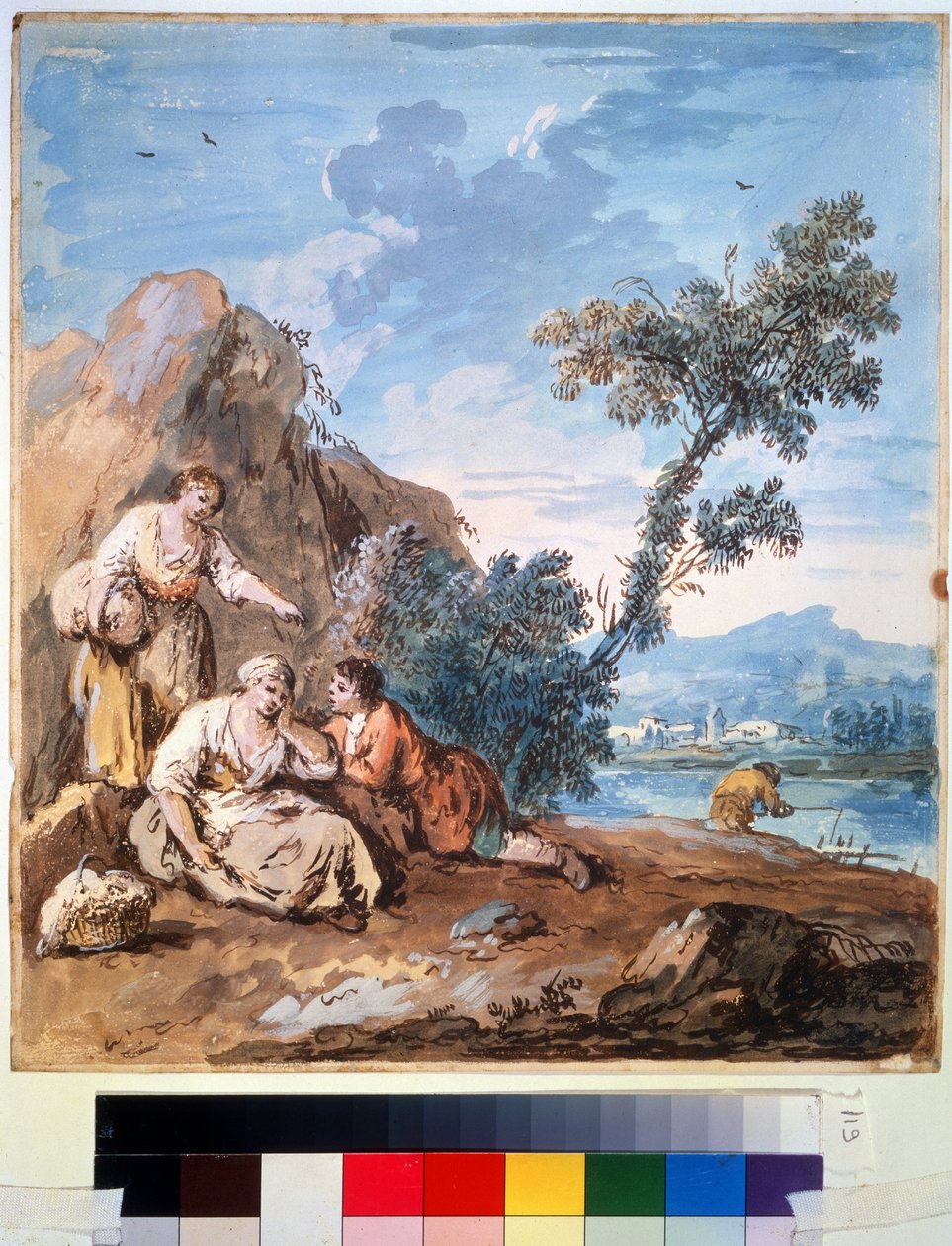 Tre bönder vilar på en flodstrand. Målning av Giuseppe Zais (1709-1784). Akvarell på papper, 29,5 x 26,2 cm, ca 1750. Venetiansk skola, italiensk målning 1700-tal. Pushkins konstmuseum, av Giuseppe Zais