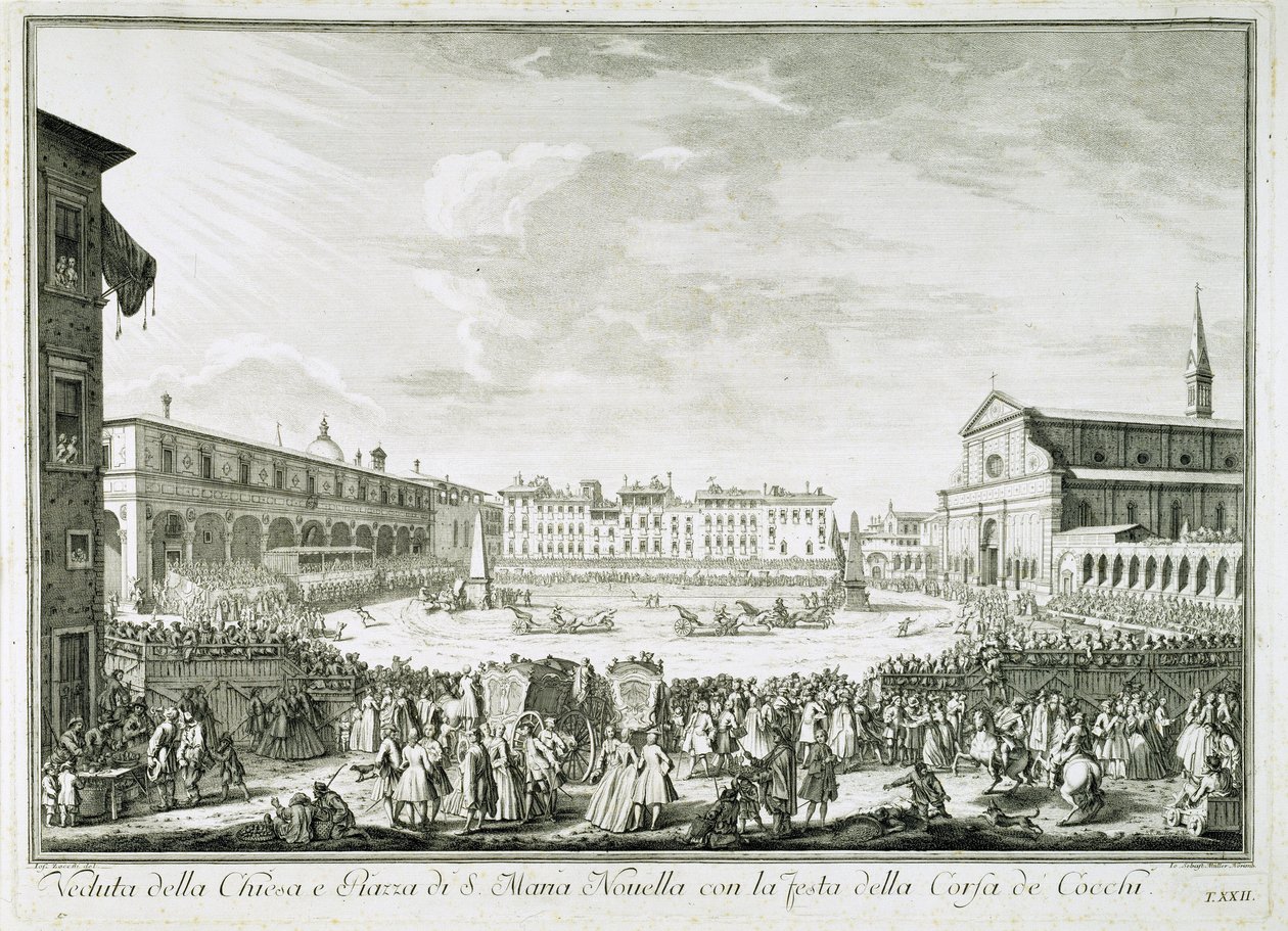 Högtiden för Corsa dei Cocchi på Piazza Santa Maria Novella. Corsa dei Cocchi-festen på torget vid kyrkan Santa Maria Novella i Florens. Teckning av Giuseppe Zocchi (1711-1767). Florens, Biblioteca Riccardiana. av Giuseppe Zocchi