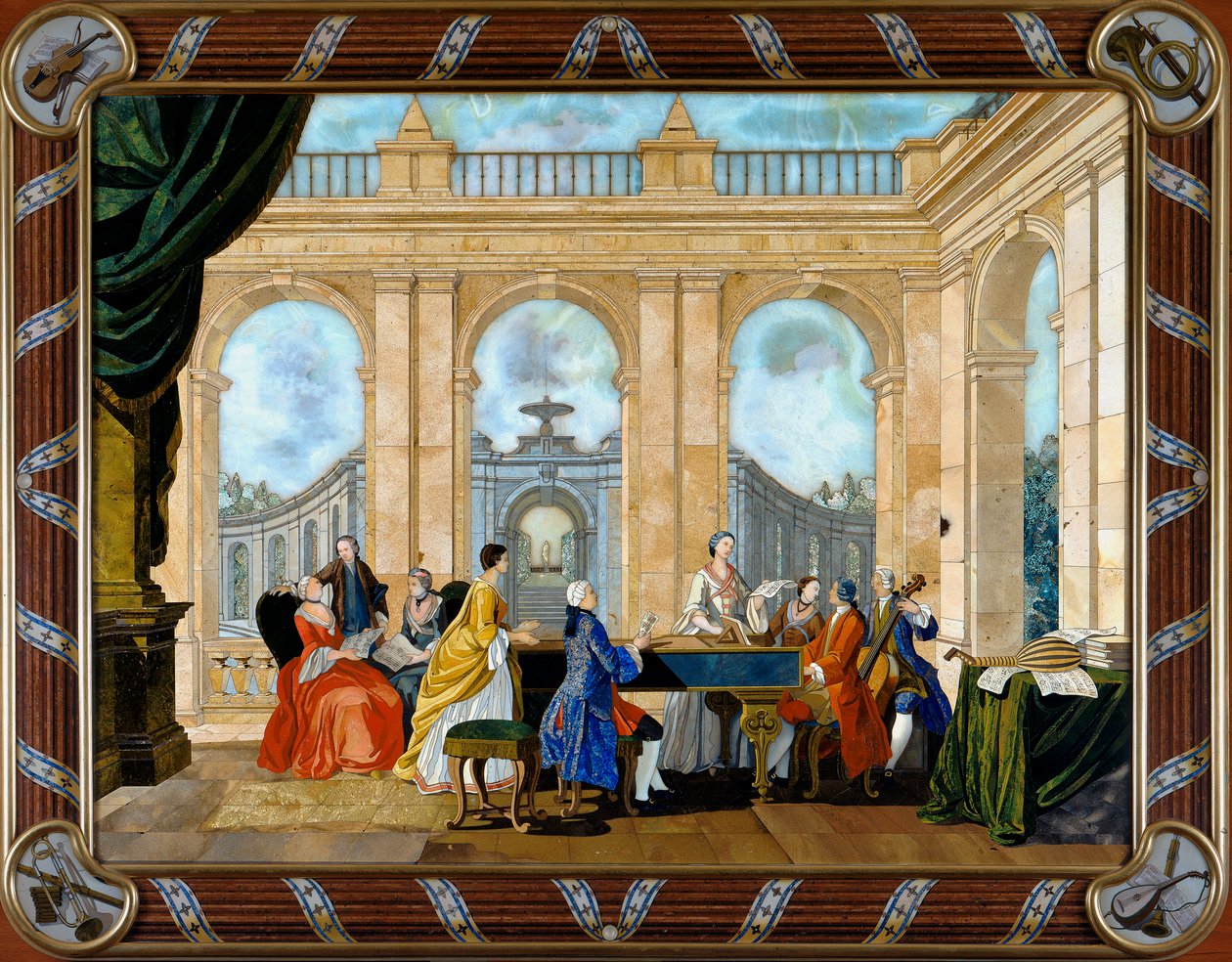 Panel i pietre dure inlägg föreställande musik av Giuseppe Zocchi