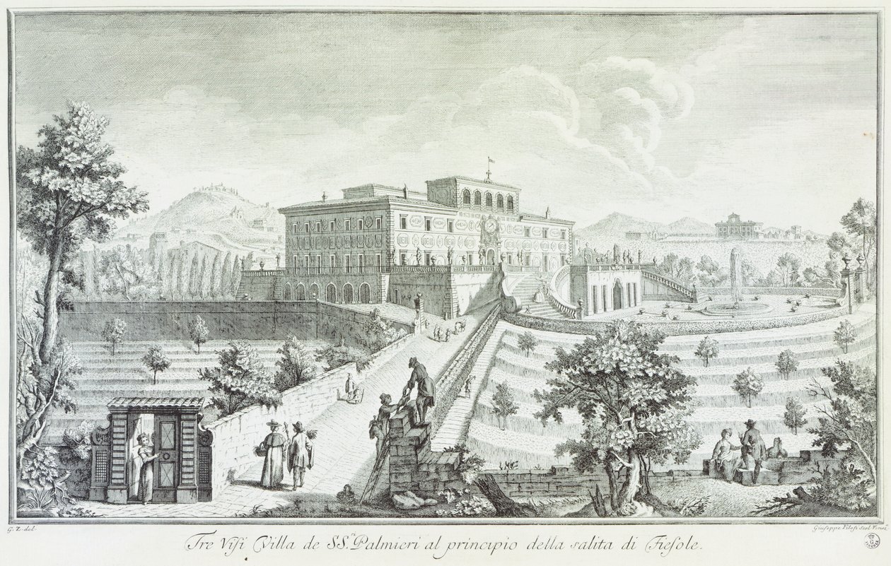 Villa Palmieri i Fiesole, av Giuseppe Zocchi (1711-1767), Utsikt över villorna och omgivningarna i Toscana, Italien av Giuseppe Zocchi