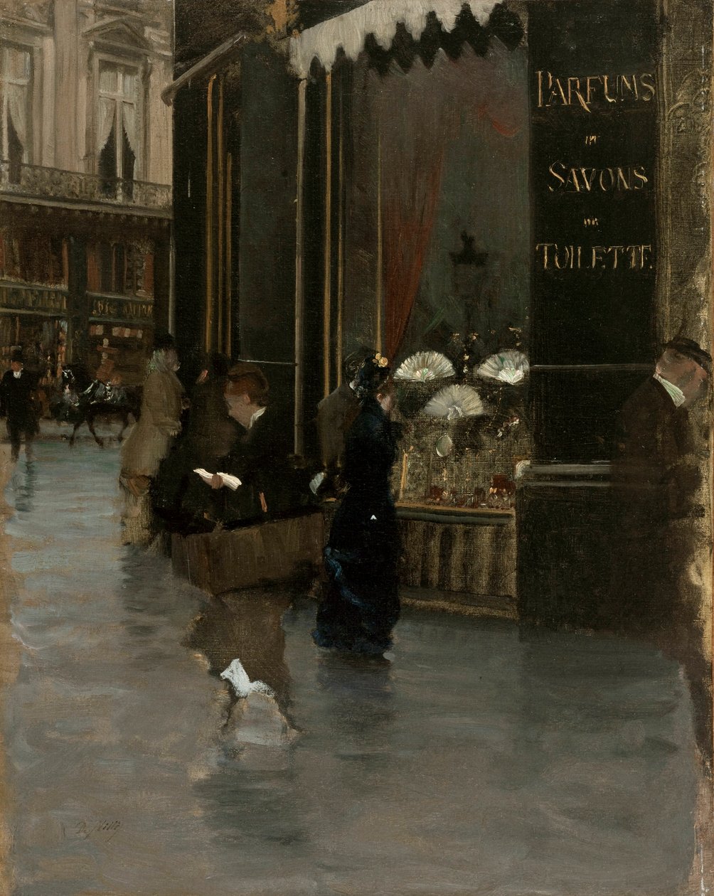 The Violet parfymeri, i hörnet av boulevard des Capucines och rue Scribe, ca. 1880. av Giuseppe de Nittis