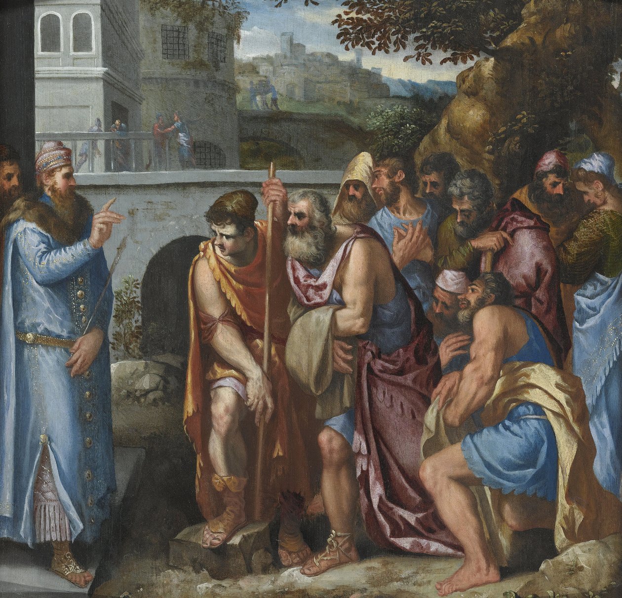 Joseph och hans bröder par Salviati, Giuseppe (1520-1575). Olja på trä, storlek: 62x62 av Giuseppe della Porta Salviati