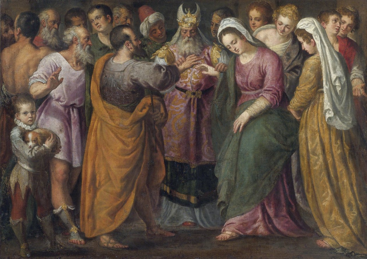 Le mariage de Marie et Joseph - Marias och Josephs äktenskap par Salviati, Giuseppe (1520-1575). Olja på duk, storlek: 116,8x164, , Privat samling av Giuseppe della Porta Salviati