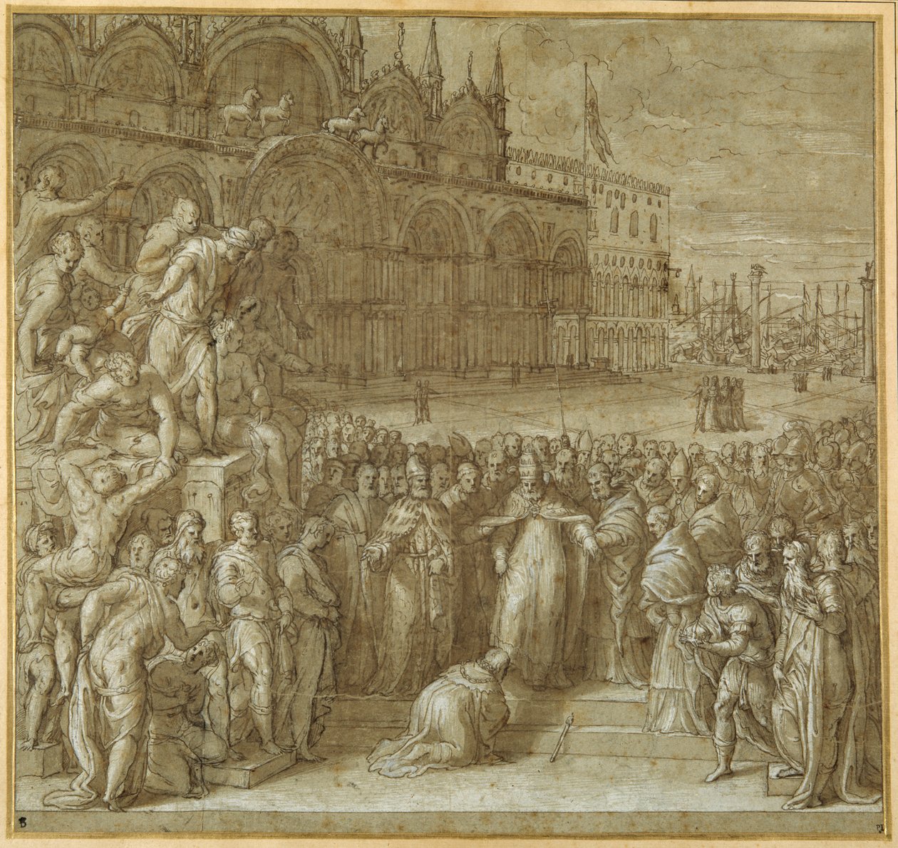 Försoningen mellan påven Alexander III och Fredrik Barbarossa, i närvaro av Doge Sebastiano Ziani (penna & brunt bläck med brun tvätt och höjning) av Giuseppe della Porta Salviati