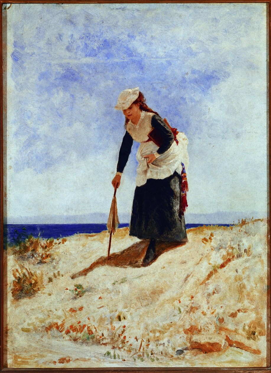 En kvinna på sanden (olja på duk av Giuseppe or Joseph de Nittis