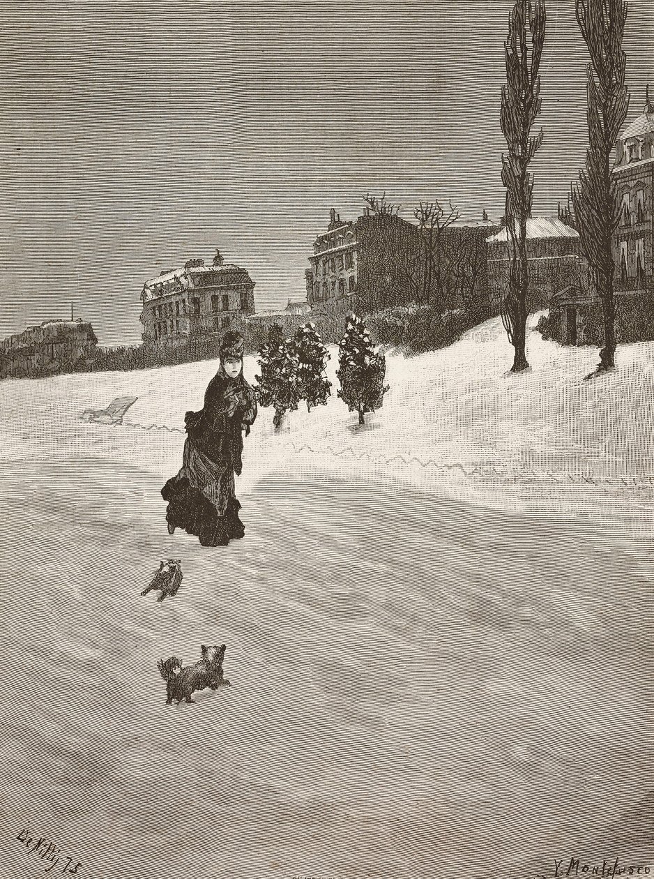 Det är kallt!, kvinna som går i snön, gravering från en målning av Giuseppe De Nittis, teckning av Montefusco, L