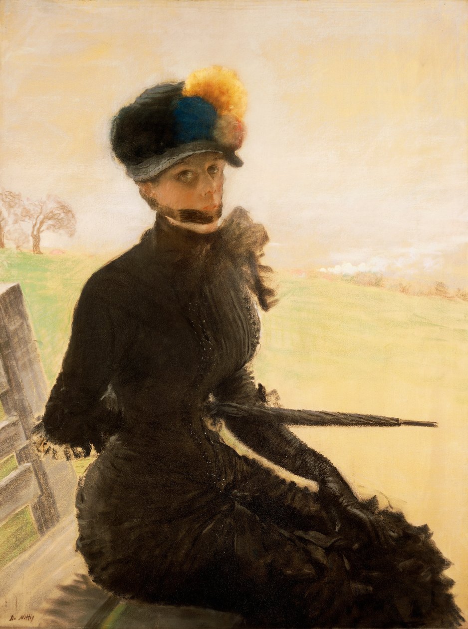 La femme aux pompoms (En kvinna med pompom), ca 1879 (pastell på duk) av Giuseppe or Joseph de Nittis