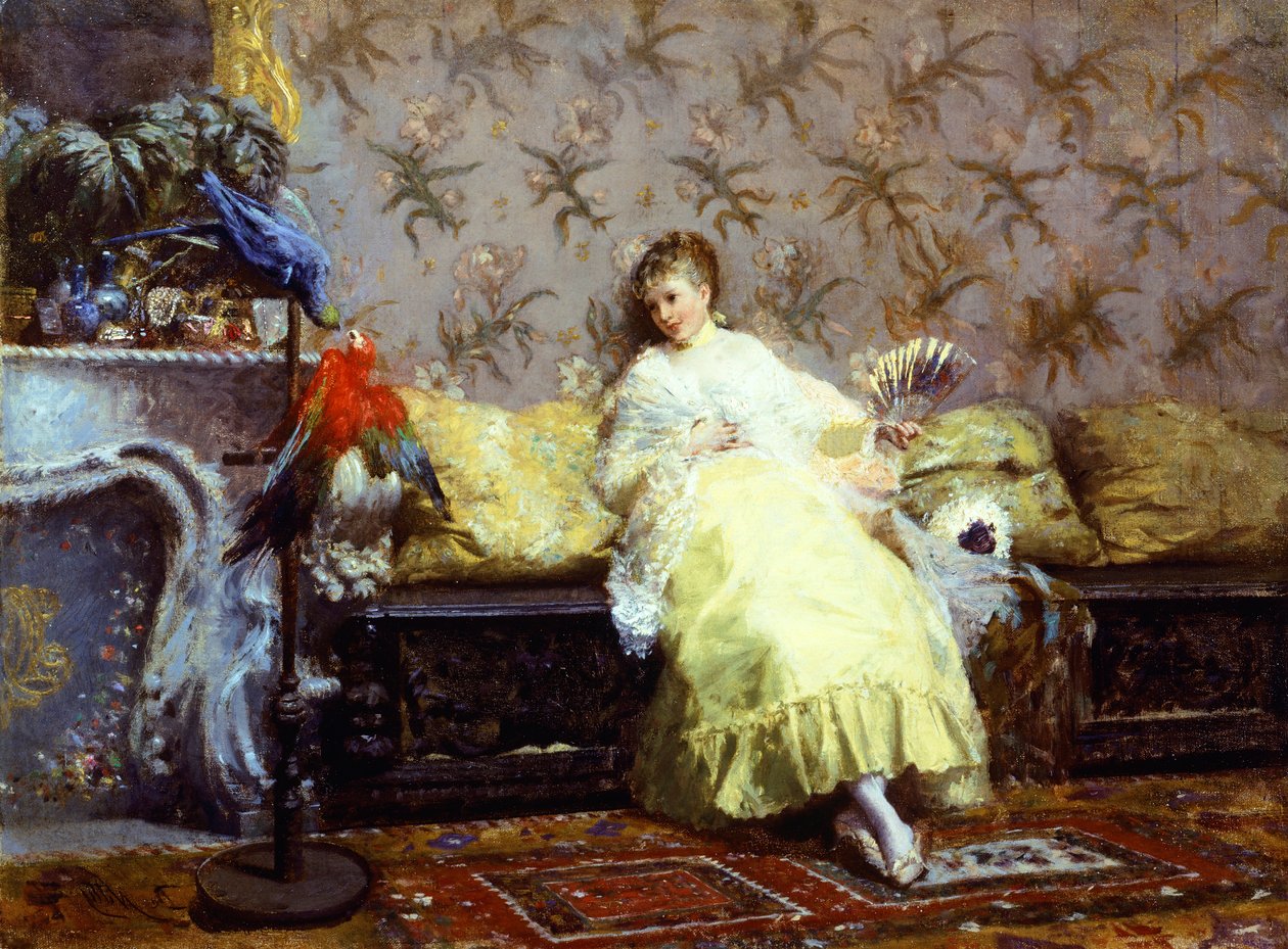 Dam med papegojor, ca 1869, av Giuseppe de Nittis (1846-1884), olja på duk, 24,2x23 cm. av Giuseppe or Joseph de Nittis