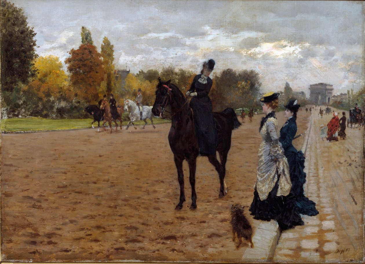 Amazonas Cavaliere pratar med vandrare Avenue Foch i Paris. Målning av Giuseppe De Nittis (1846-1884), cirka 1875. Olja på duk. Mått: 42x31cm. Gener, Galleria d