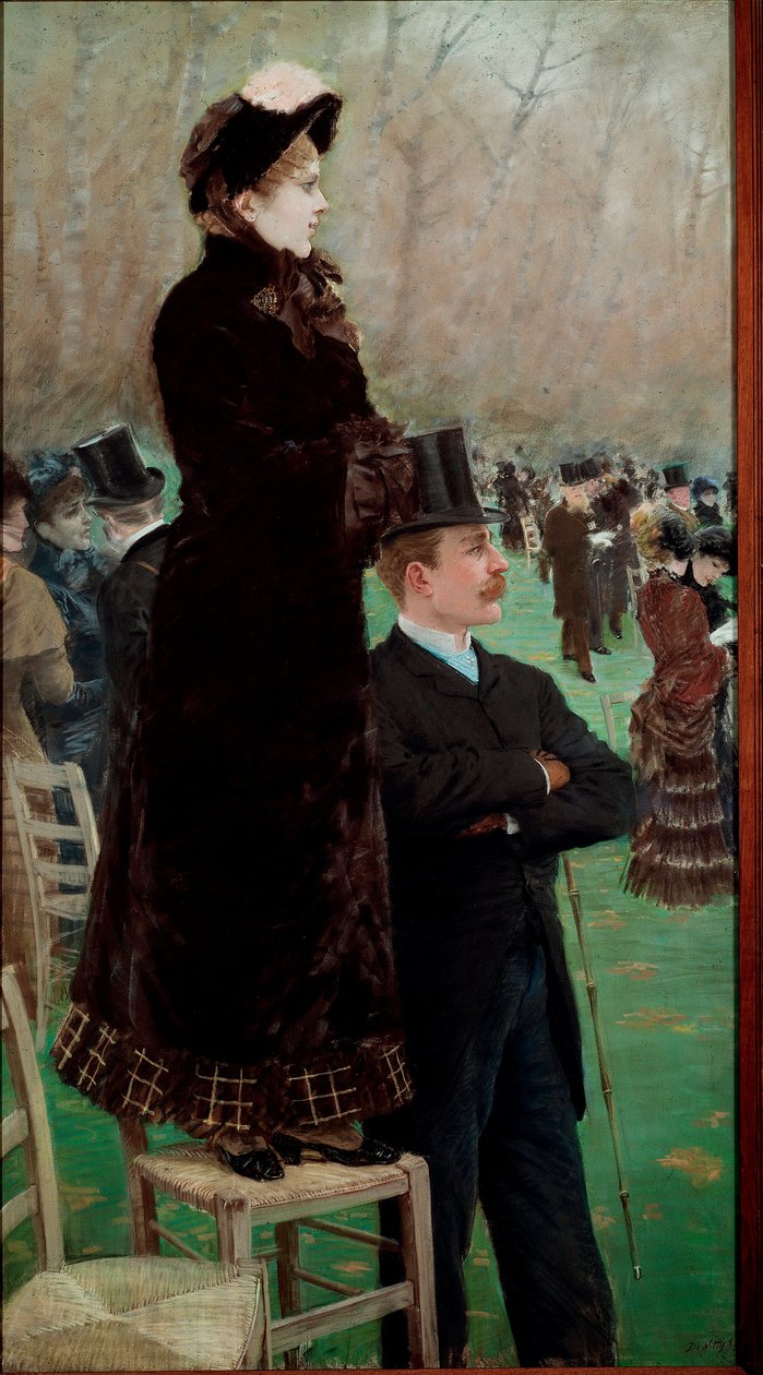 Lopparna på Bois de Boulogne Åskådare tittar på hästkapplöpningar av Giuseppe or Joseph de Nittis