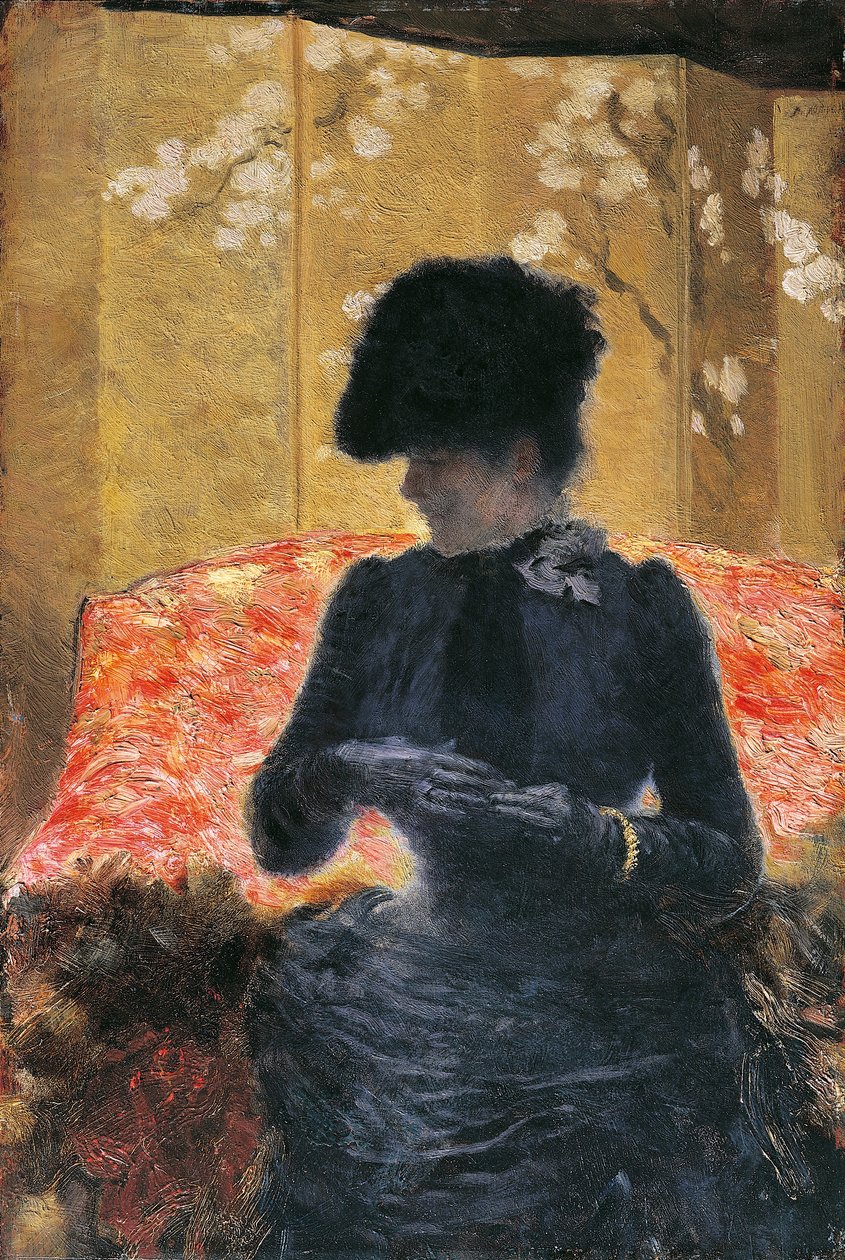 Kvinna på röd soffa av Giuseppe or Joseph de Nittis