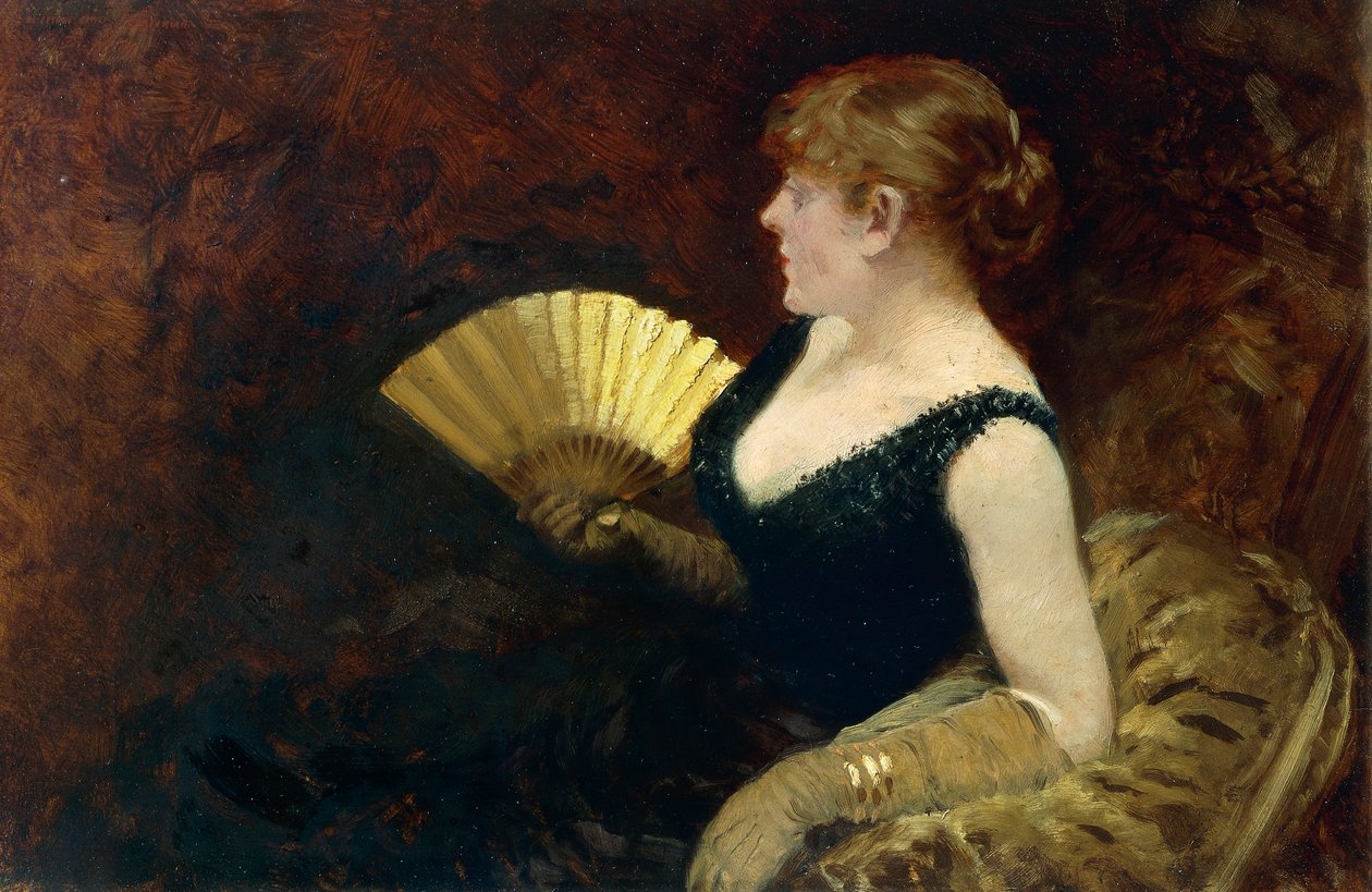 Kvinna med fläkt (olja på duk) av Giuseppe or Joseph de Nittis